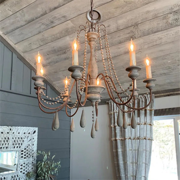 Vintage Wood Bead Chandelier in Living Room