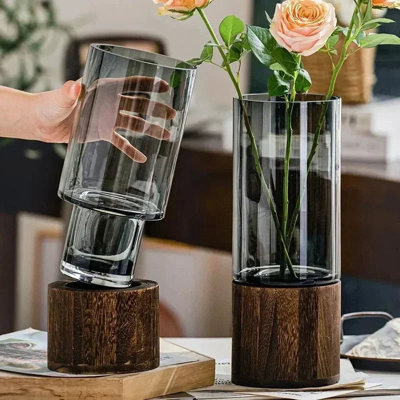 Natural Wood Base Transparent Glass Vase